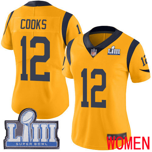 Los Angeles Rams Limited Gold Women Brandin Cooks Jersey NFL Football #12 Super Bowl LIII Bound Rush Vapor Untouchable->women nfl jersey->Women Jersey